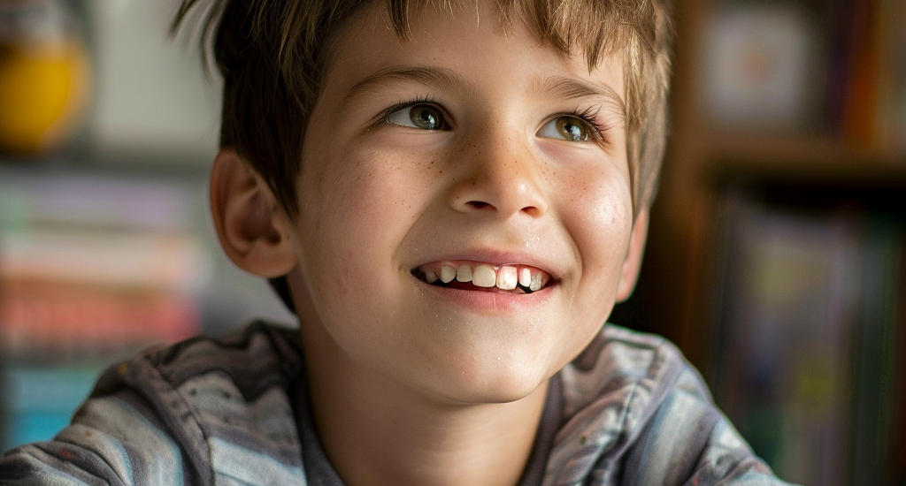 8-year-old boy looking up from a book