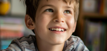 8-year-old boy looking up from a book