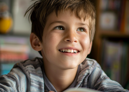 8-year-old boy looking up from a book