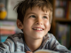 8-year-old boy looking up from a book